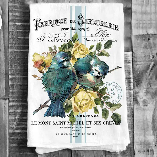 Cotton Tea Towel - Vintage French Birds Roses