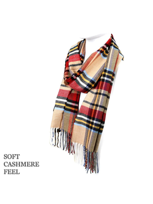 Cashmere Feel Winter Scarf - Tan Red Plaid