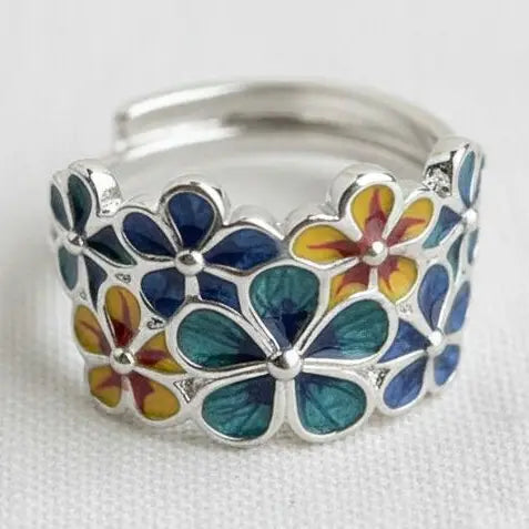 Adjustable Ring - Blue Enamel Floral Cluster