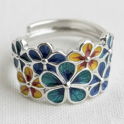 Adjustable Ring - Blue Enamel Floral Cluster