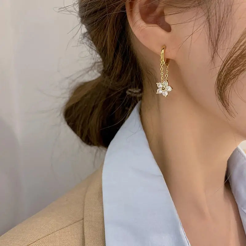 Hoop Earrings - Flower Gold Dangle Drop