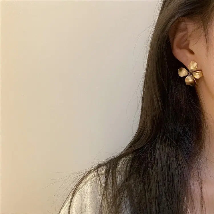 Stud Earrings - Gold Flower Petal Silver Post
