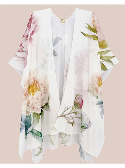 Kimono - White Multi Peonies in Joyful Blossom