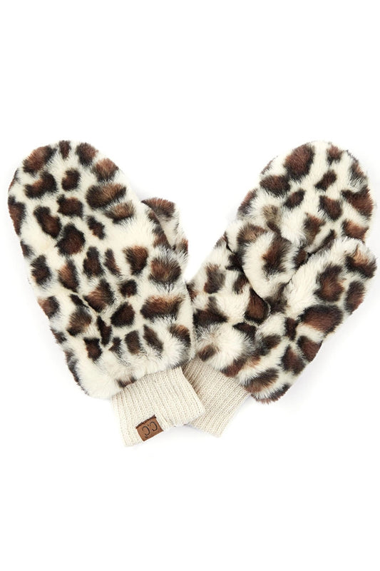 Faux Fur Leopard Pattern Mitten Glove - Beige