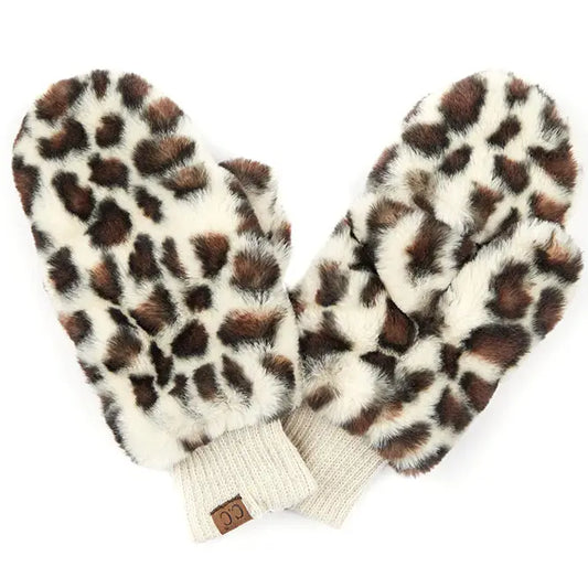 Faux Fur Leopard Pattern Mitten Glove - Beige