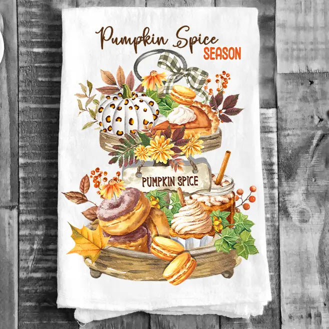 Cotten Tea Towel - 2 Tier Tray Fall Autumn Pumpkin Spice