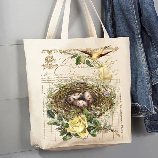 Canvas Tote Bag 12oz - Vintage Shabby Chic Birds Nest Roses