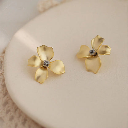 Stud Earrings - Gold Flower Petal Silver Post
