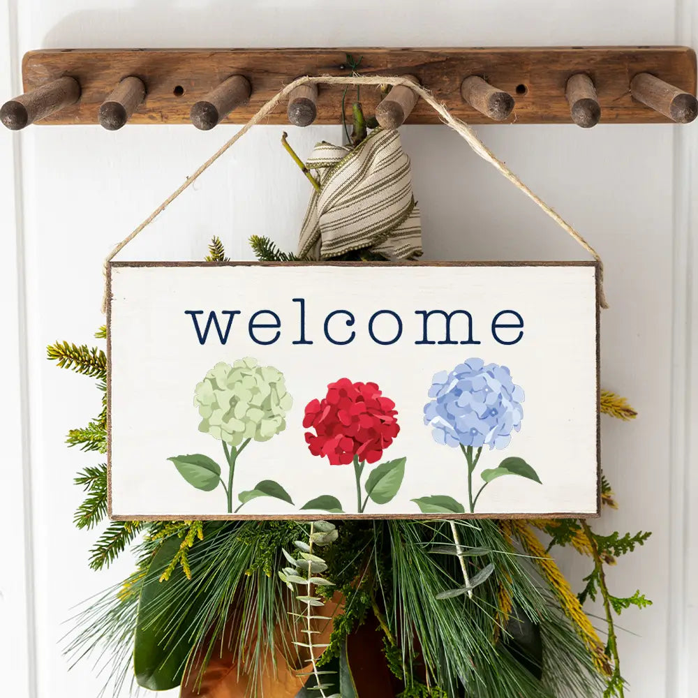 Twine Hanging Sign - Welcome Patriotic Hydrangea