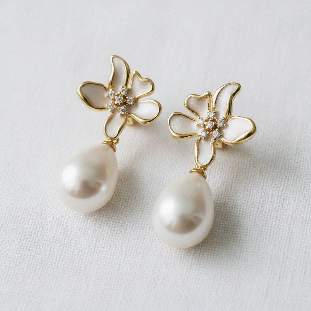 Drop Earrings - Enamel Floral-Inspired Zirconia