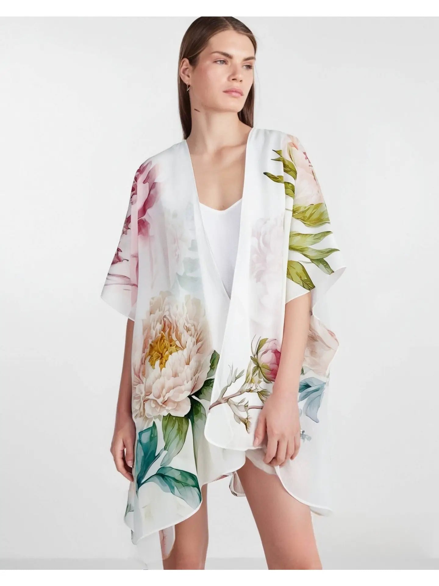 Kimono - White Multi Peonies in Joyful Blossom