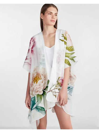 Kimono - White Multi Peonies in Joyful Blossom