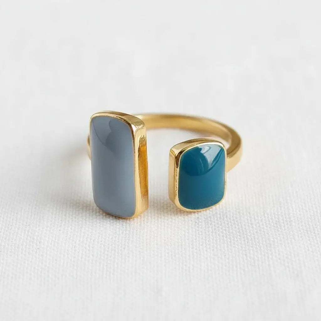 Adjustable Ring - Retro Geometric in Misty Blue