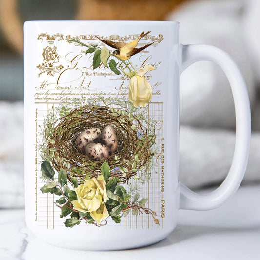 Coffee Mug 15oz - Vintage Shabby Chic Birds Nest Roses