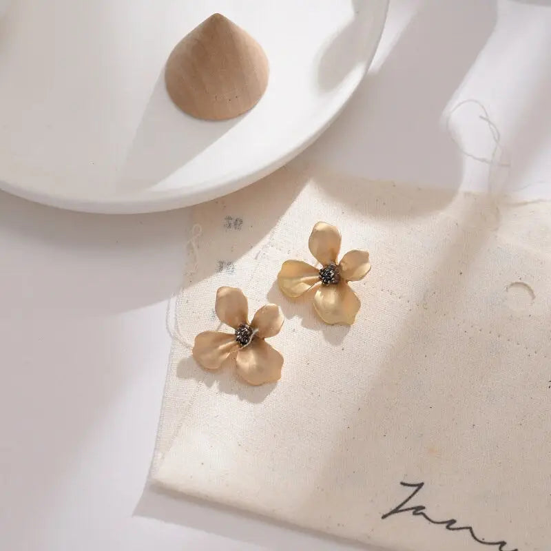 Stud Earrings - Gold Flower Petal Silver Post