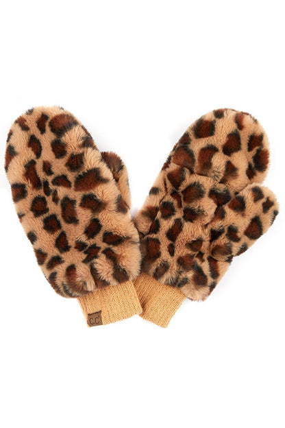 Faux Fur Leopard Pattern Mitten Glove - Latte