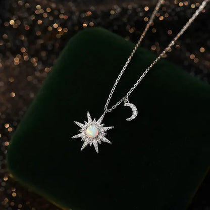 Pendant Necklace - Opal Sun Moon (Silver)