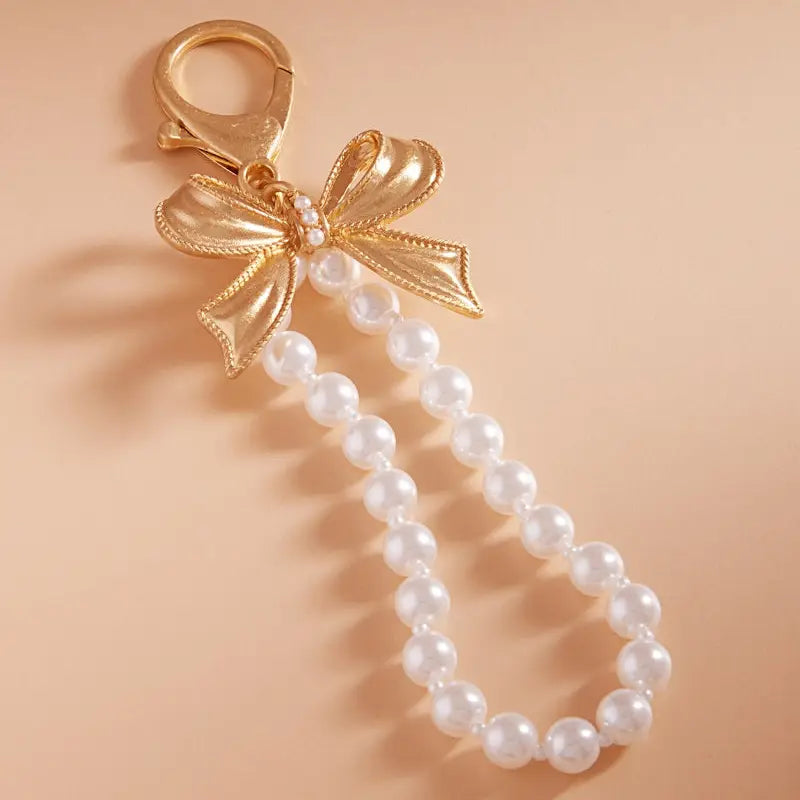 Bag Charm Keychain - Bow With Cream Pearls
