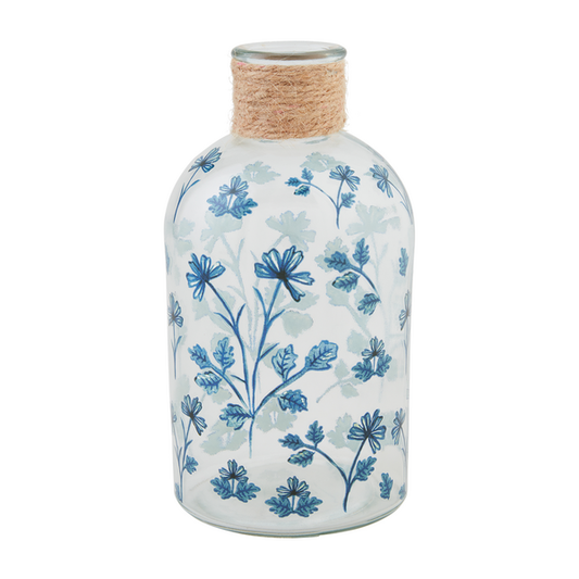 Glass Vase with Jute 8in - Blue Floral