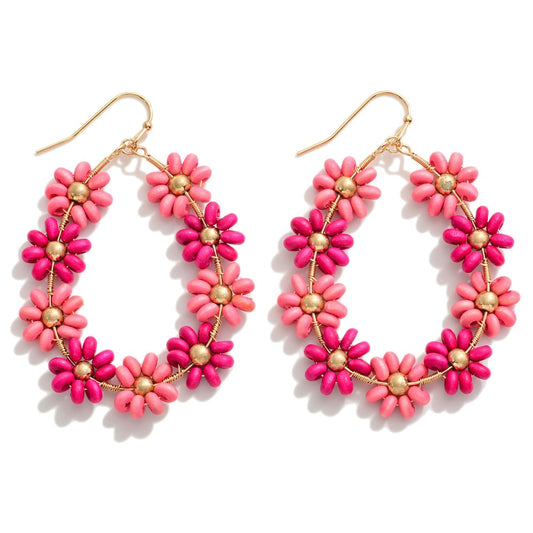 Earrings - Pink & Red Beaded Flower
