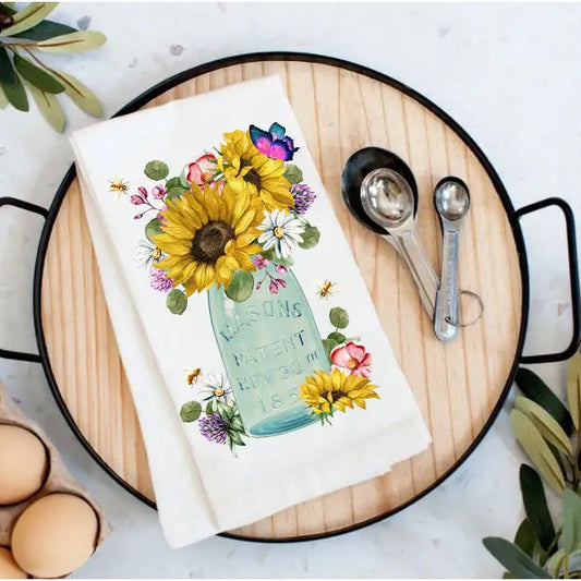 Cotten Tea Towel - Country Mason Jar Sunflowers