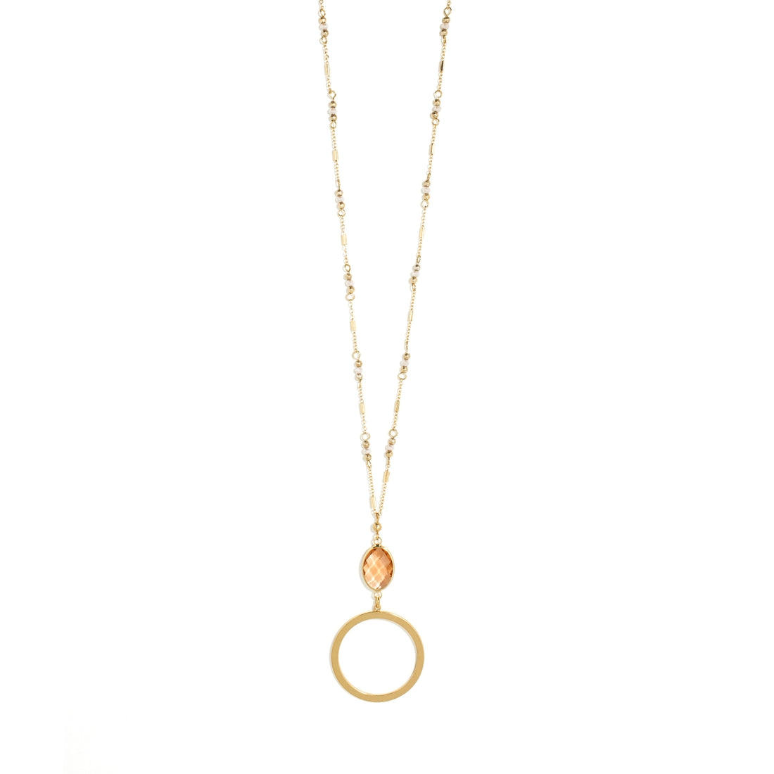 Long Crystal Necklace - Peach Pendant (Gold)