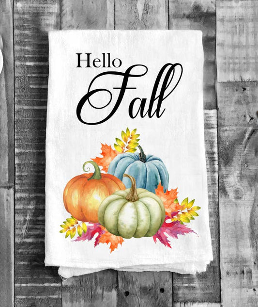 Cotton Tea Towel - Hello Fall Autumn Colorful Pumpkin