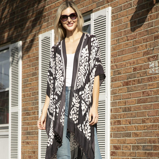 Kimono With Pom-Pom Accents - Patterned