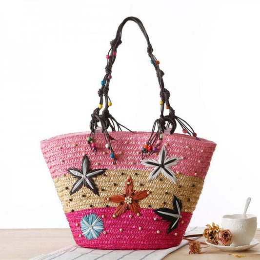 Striped Woven Straw Bag - Pink