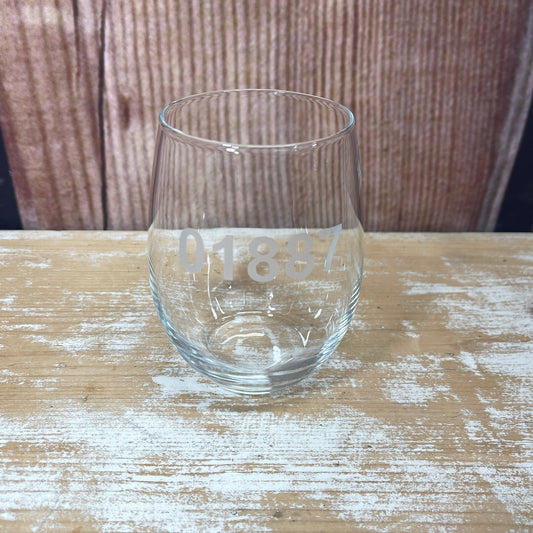 Zip Code/Area Code Engraved Stemless Wine Glass (each)