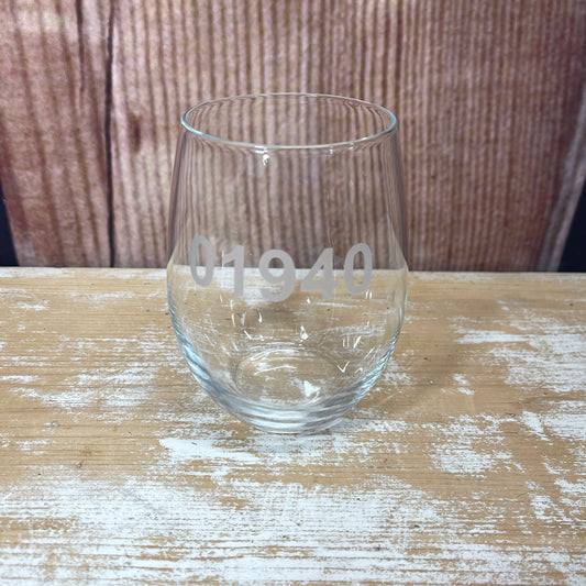 Zip Code Stemless Glass - 01940