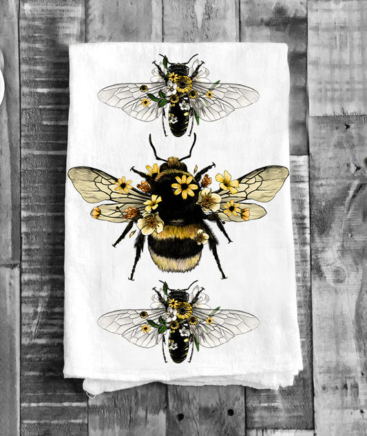 Cotton Tea Towel - Vintage Bees Flowers