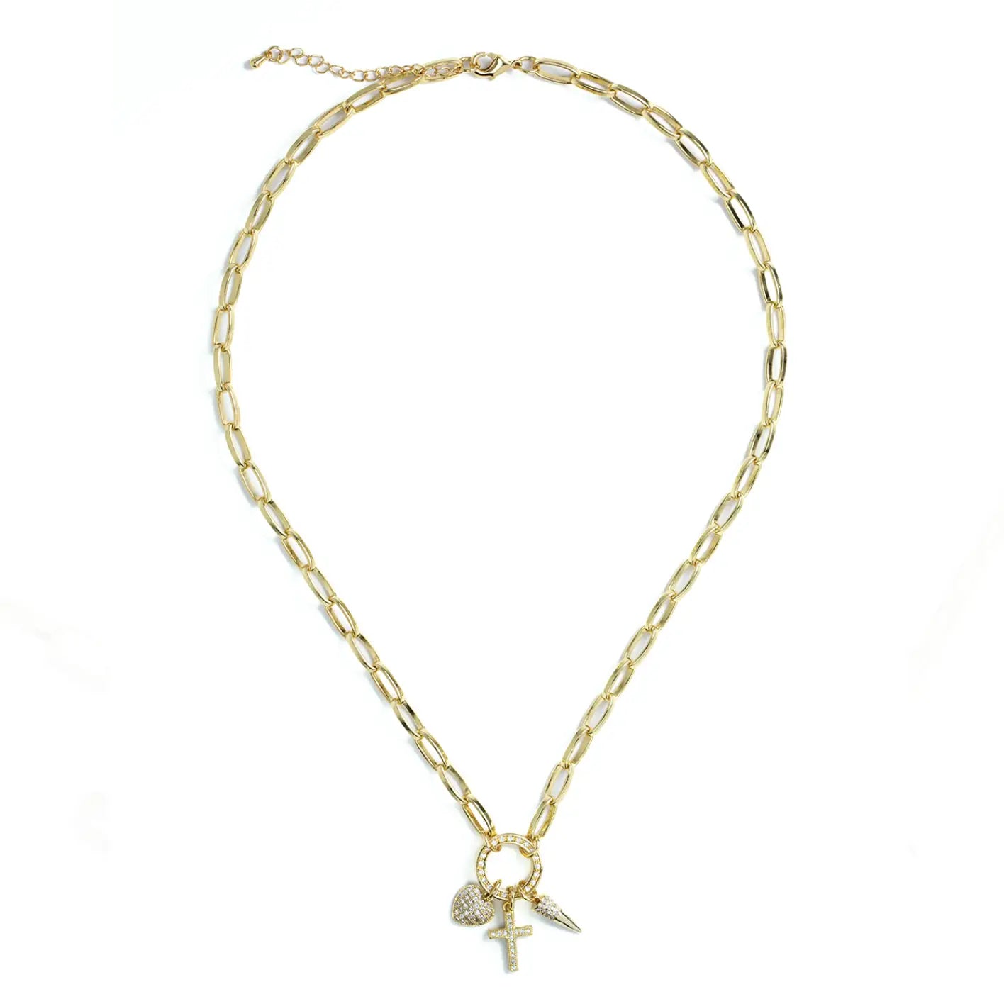 Cross + Heart + Point Statement Necklace - Gold