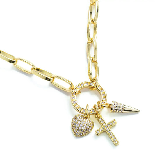 Cross + Heart + Point Statement Necklace - Gold