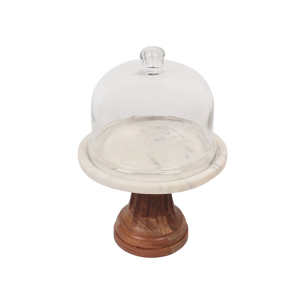Cake Stand W Dome - Marble & Acacia Wood