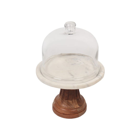 Cake Stand W Dome - Marble & Acacia Wood